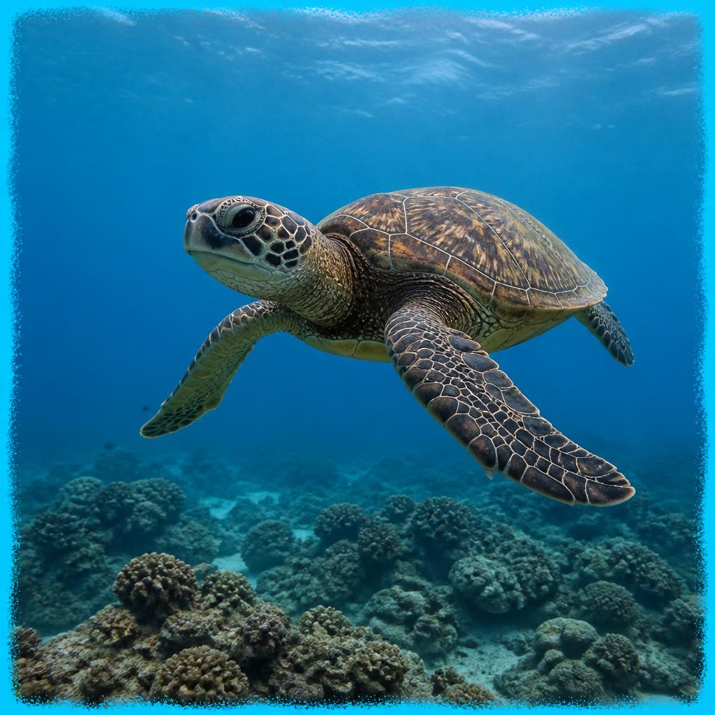 A sea turtle swimming slowly over a coral reef